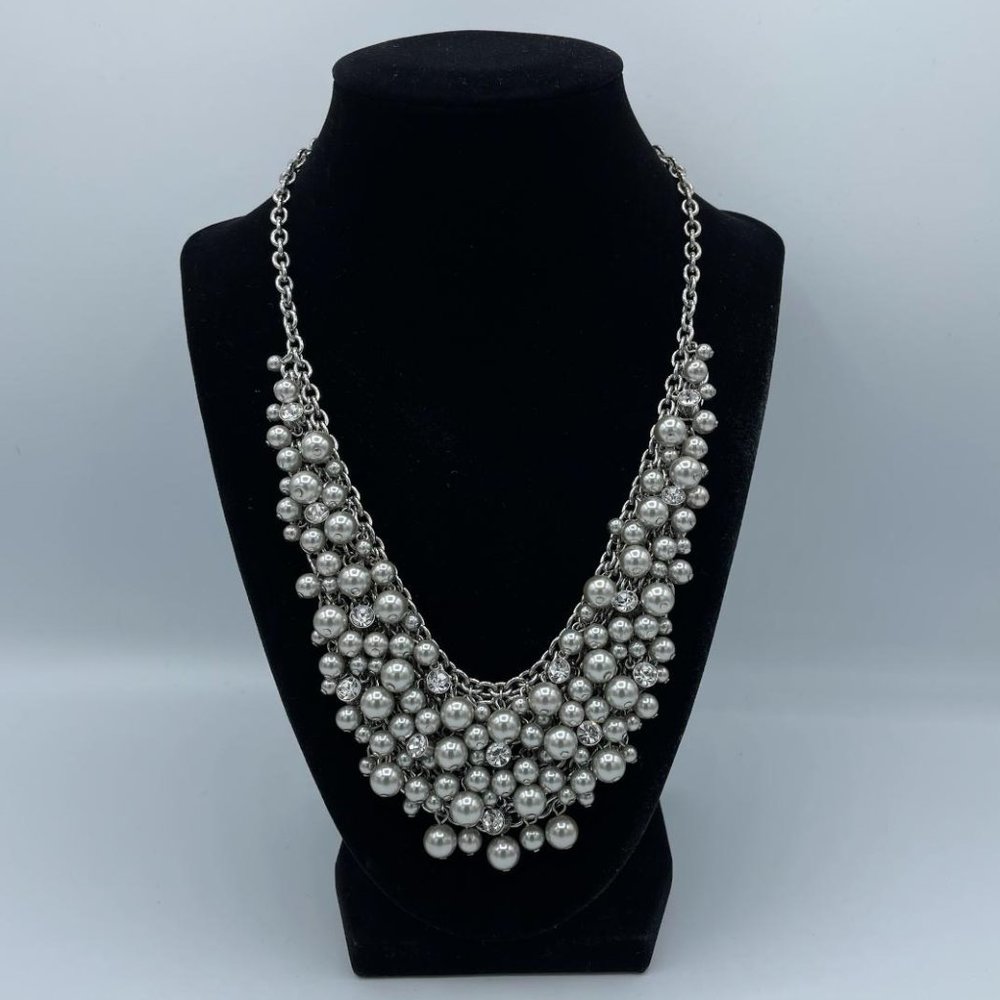 Charter Club Silver Pearl and Crystal Bib Necklace